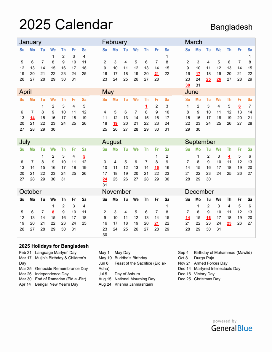 Annual Calendar 2025 with Bangladesh Holidays
