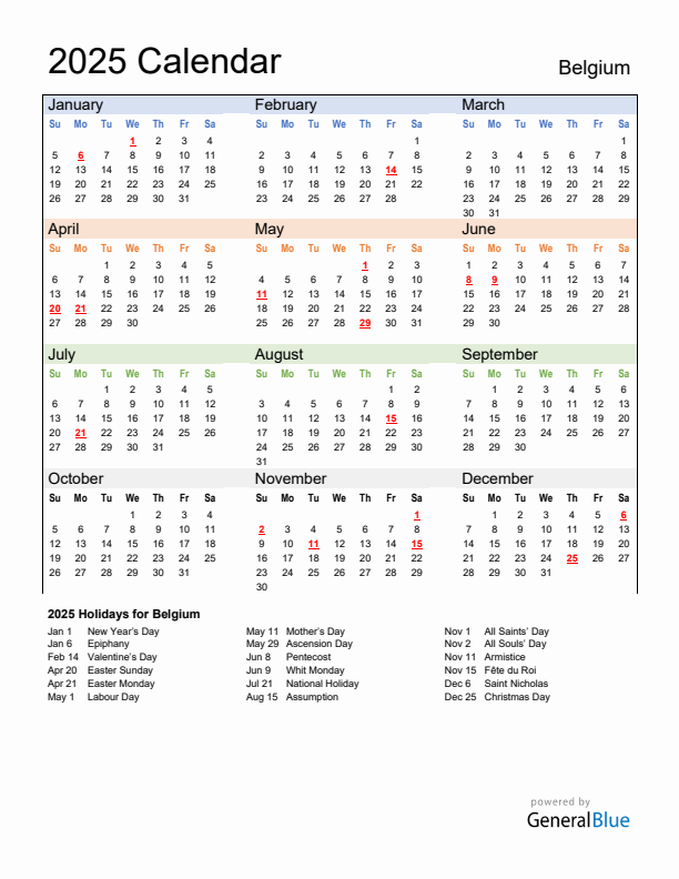Calendar 2025 with Belgium Holidays