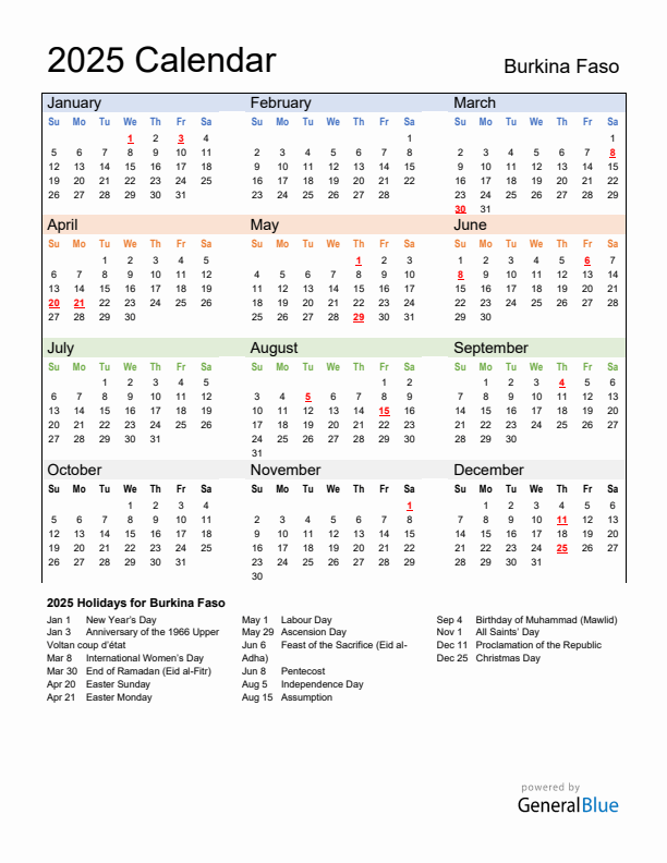 Calendar 2025 with Burkina Faso Holidays