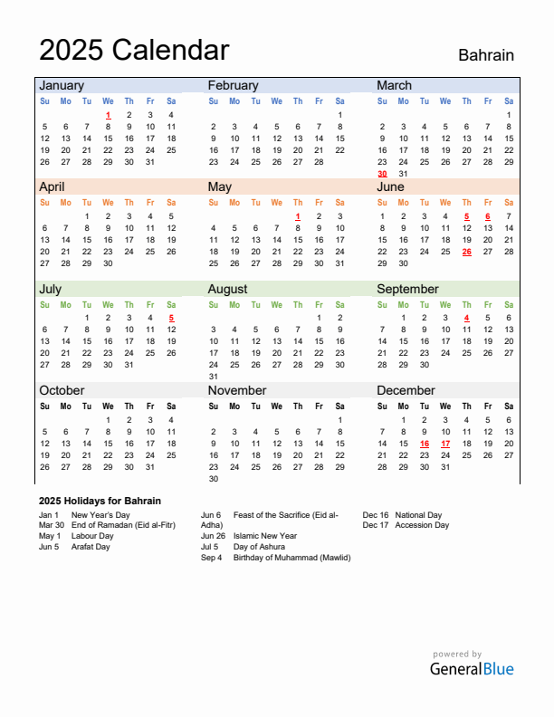 Calendar 2025 with Bahrain Holidays