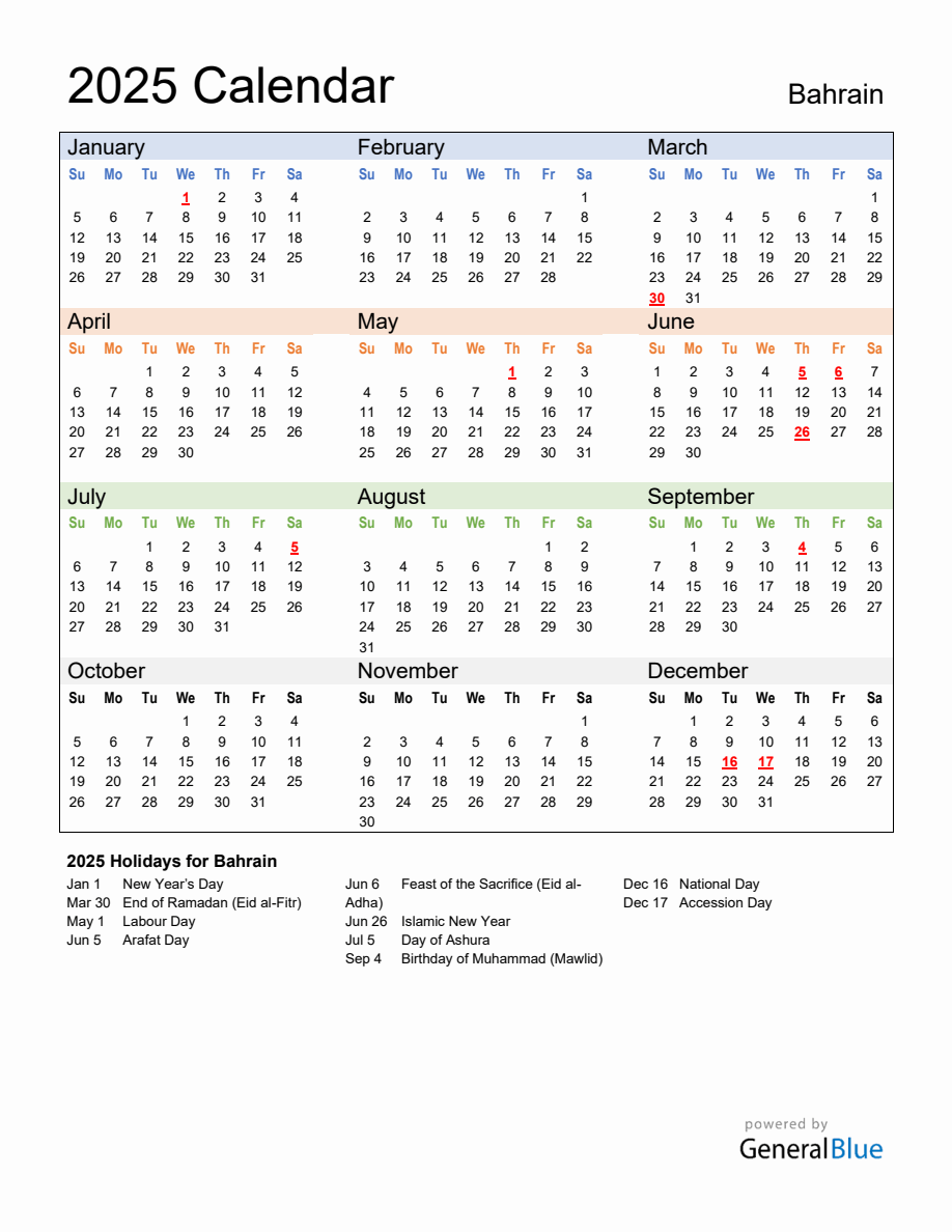 Annual Calendar 2025 with Bahrain Holidays