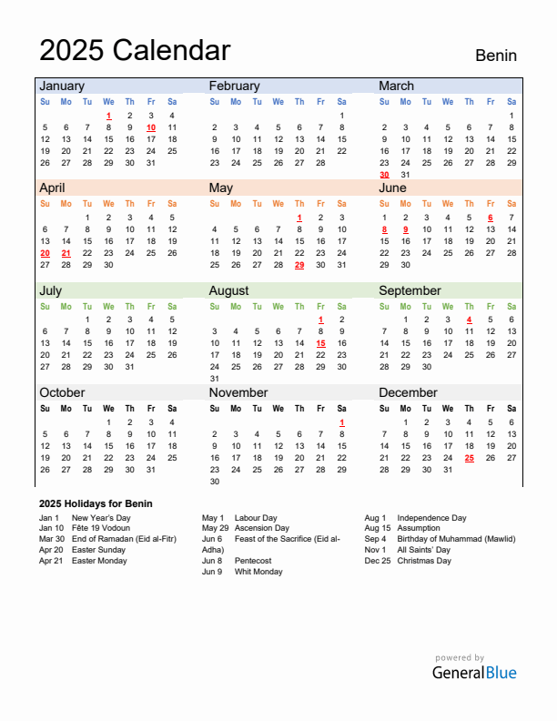 Calendar 2025 with Benin Holidays
