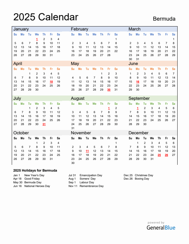Calendar 2025 with Bermuda Holidays