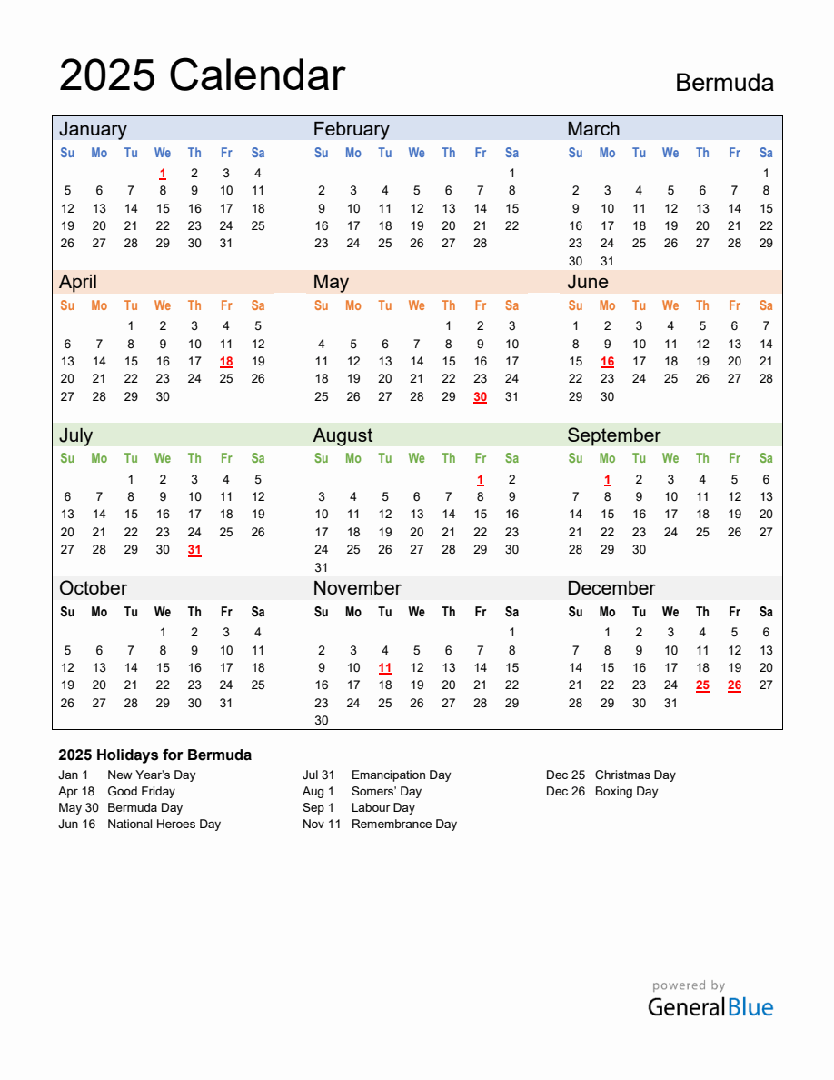 Annual Calendar 2025 with Bermuda Holidays