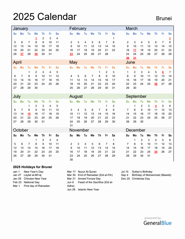 Calendar 2025 with Brunei Holidays