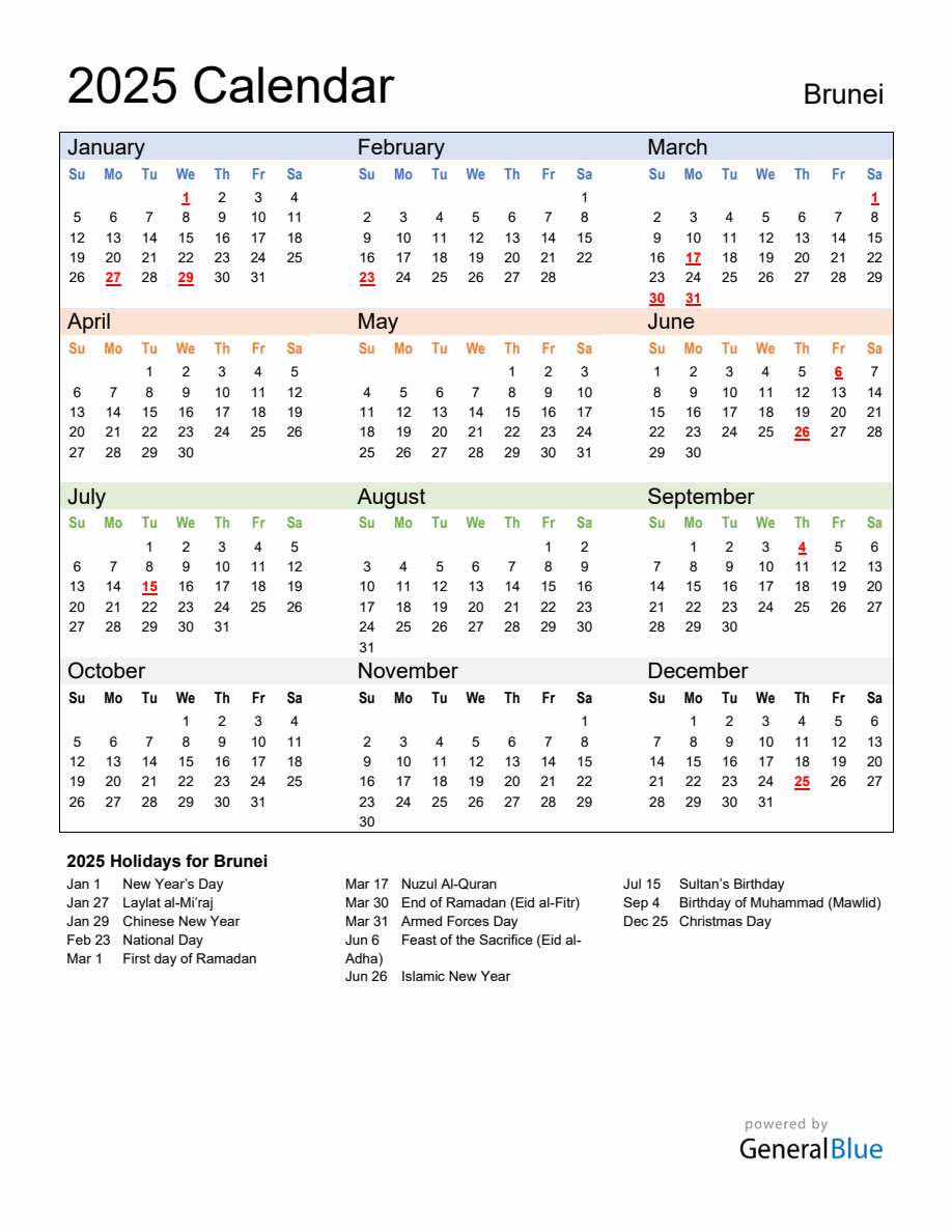 Annual Calendar 2025 with Brunei Holidays