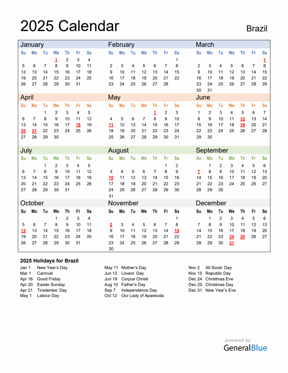 Annual Calendar 2025 with Brazil Holidays