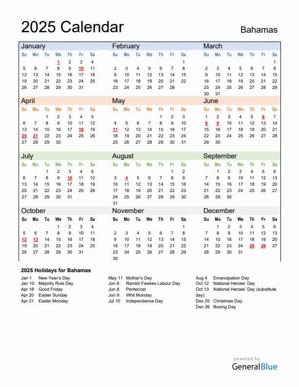 Calendar 2025 with Bahamas Holidays