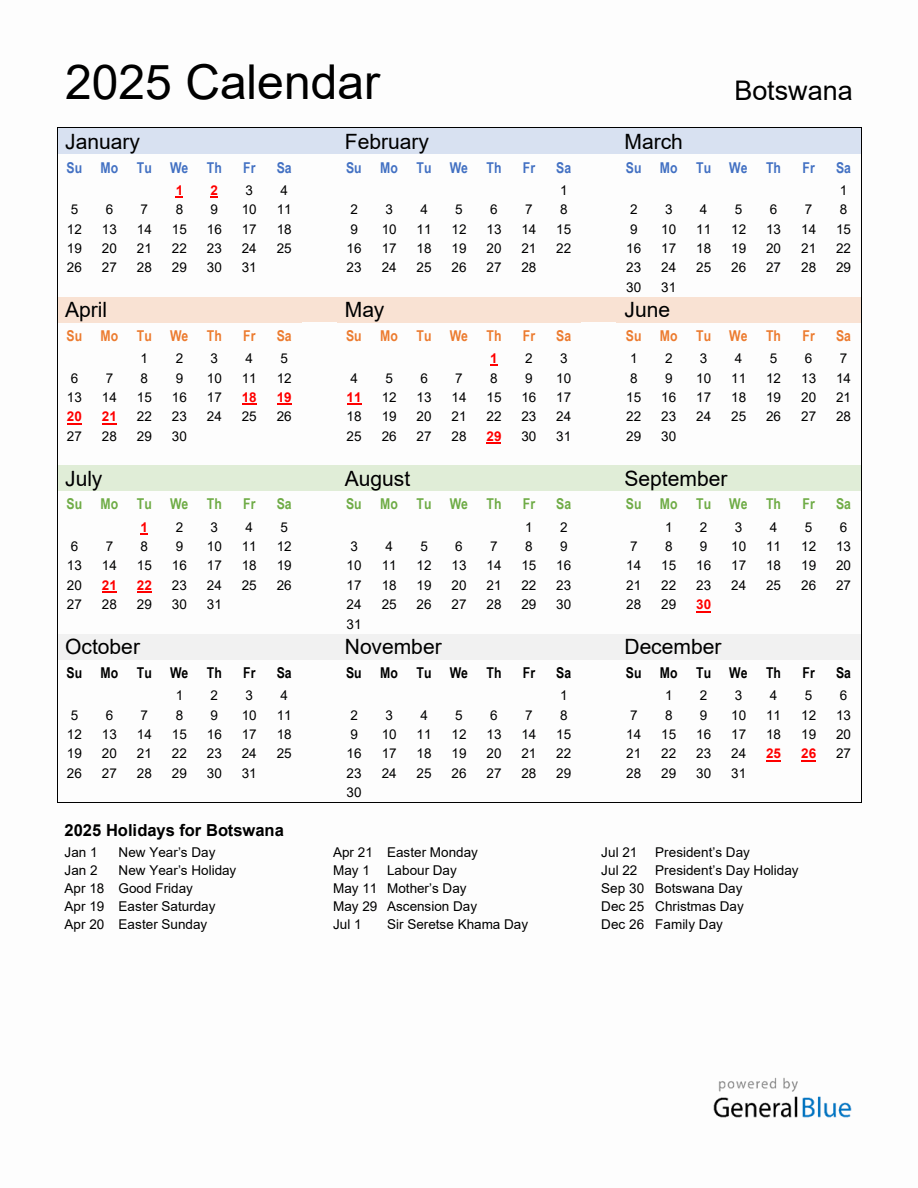 Annual Calendar 2025 with Botswana Holidays