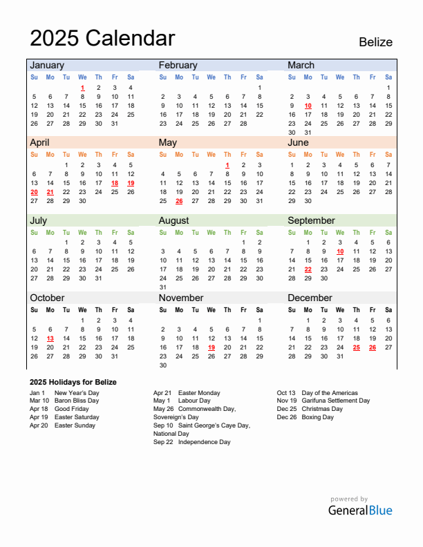 Calendar 2025 with Belize Holidays