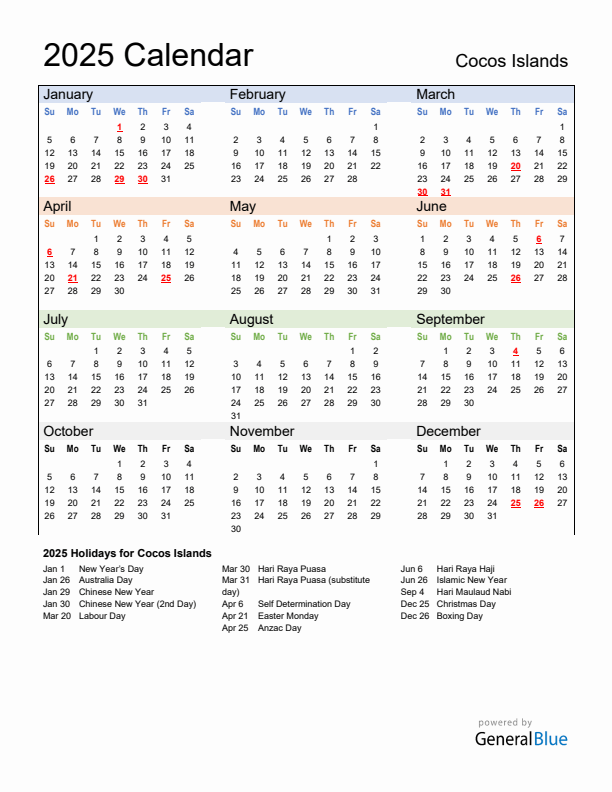 Calendar 2025 with Cocos Islands Holidays