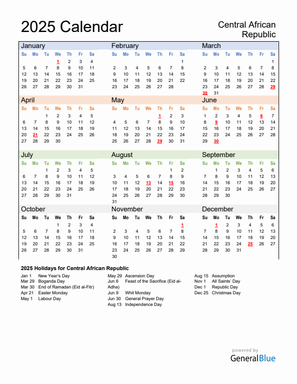 Calendar 2025 with Central African Republic Holidays