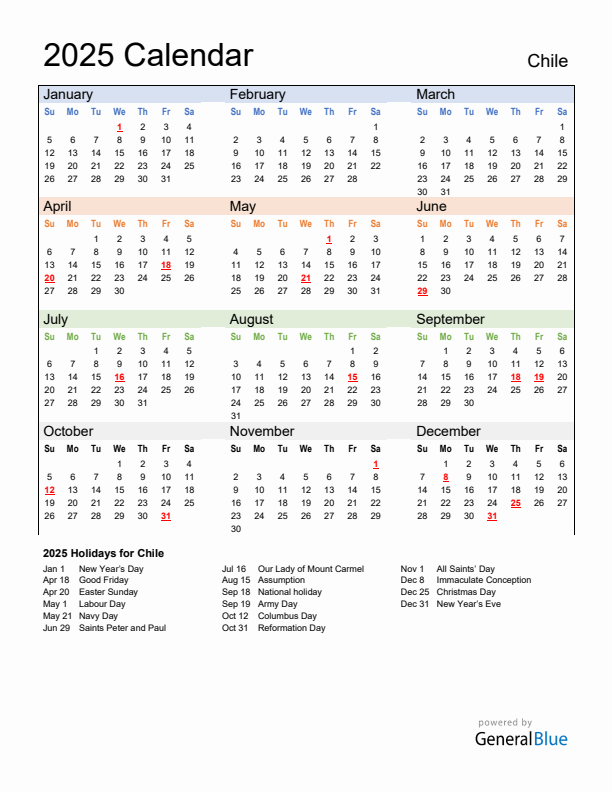 Calendar 2025 with Chile Holidays