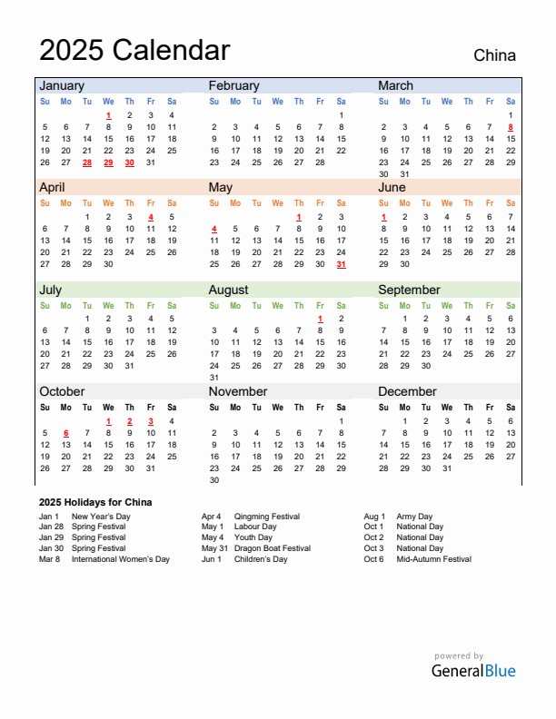 Calendar 2025 with China Holidays