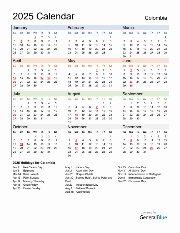 Calendar 2025 with Colombia Holidays