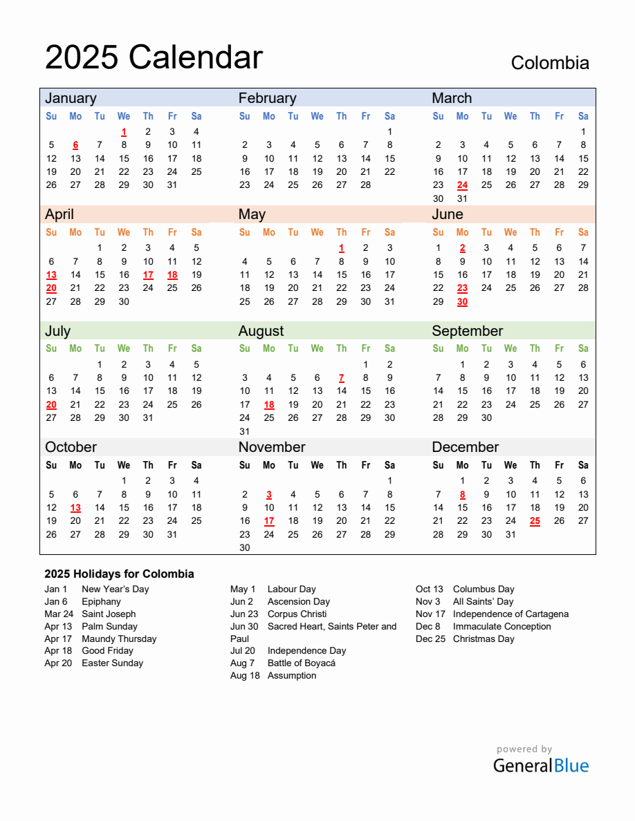 Annual Calendar 2025 with Colombia Holidays