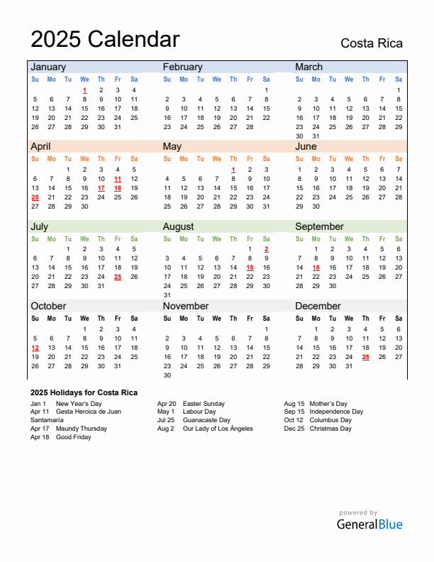 Calendar 2025 with Costa Rica Holidays