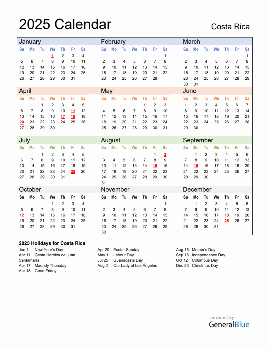 Annual Calendar 2025 with Costa Rica Holidays