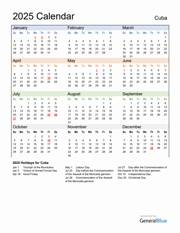Calendar 2025 with Cuba Holidays