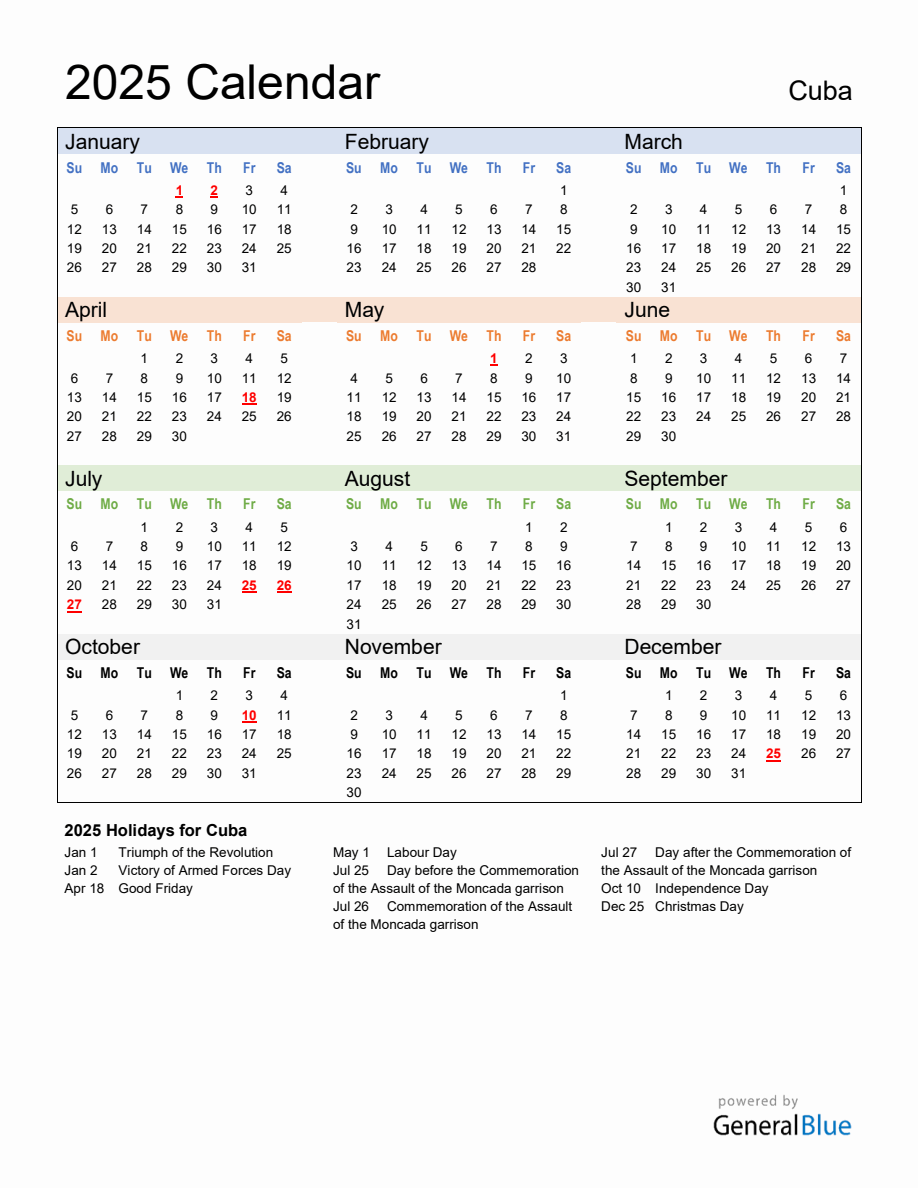 Annual Calendar 2025 with Cuba Holidays