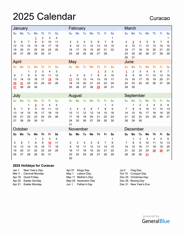 Calendar 2025 with Curacao Holidays