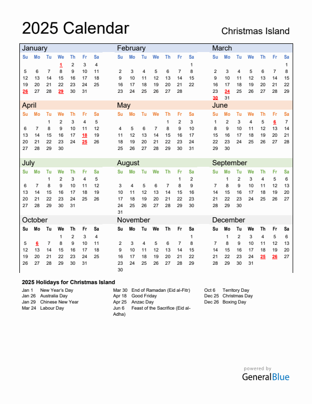 Calendar 2025 with Christmas Island Holidays