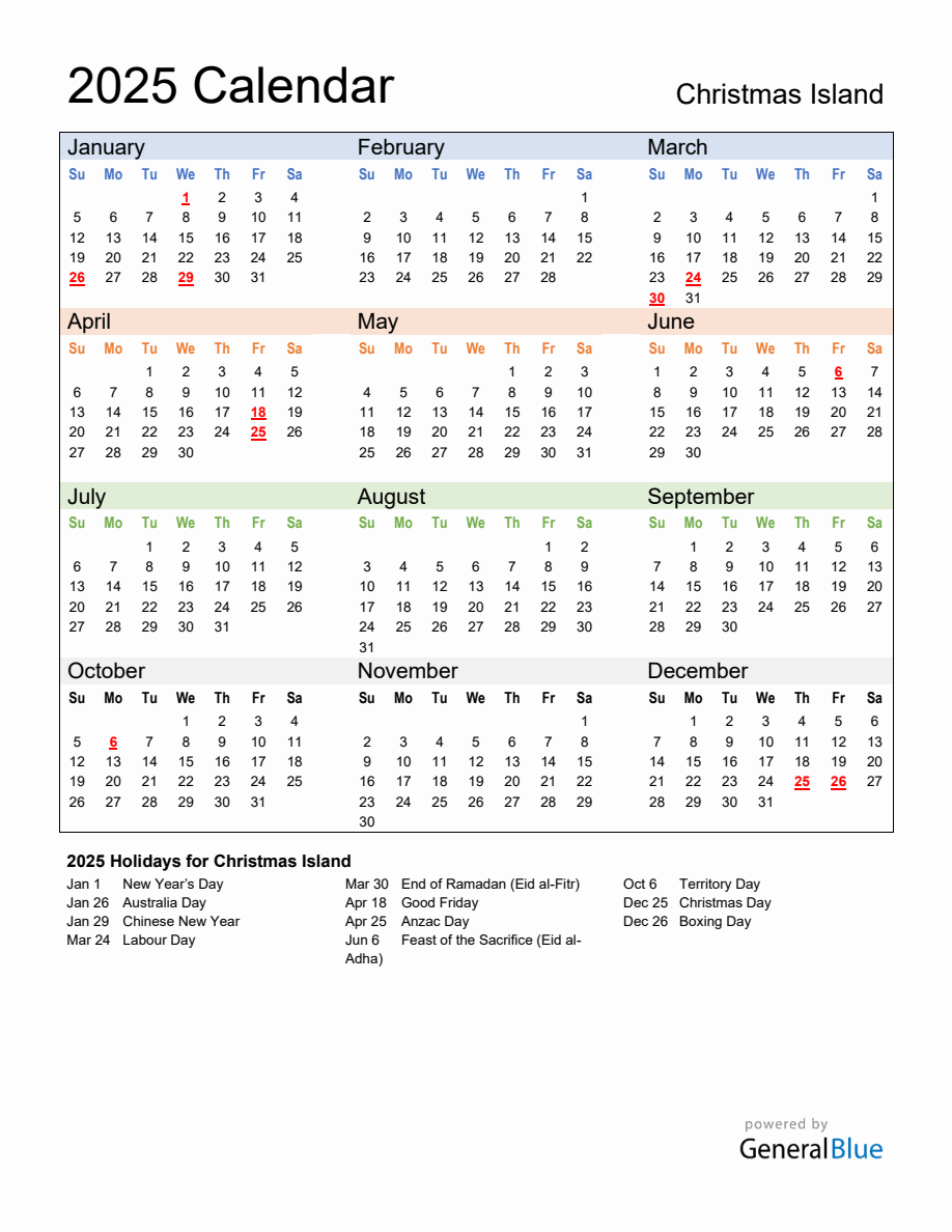 Annual Calendar 2025 with Christmas Island Holidays