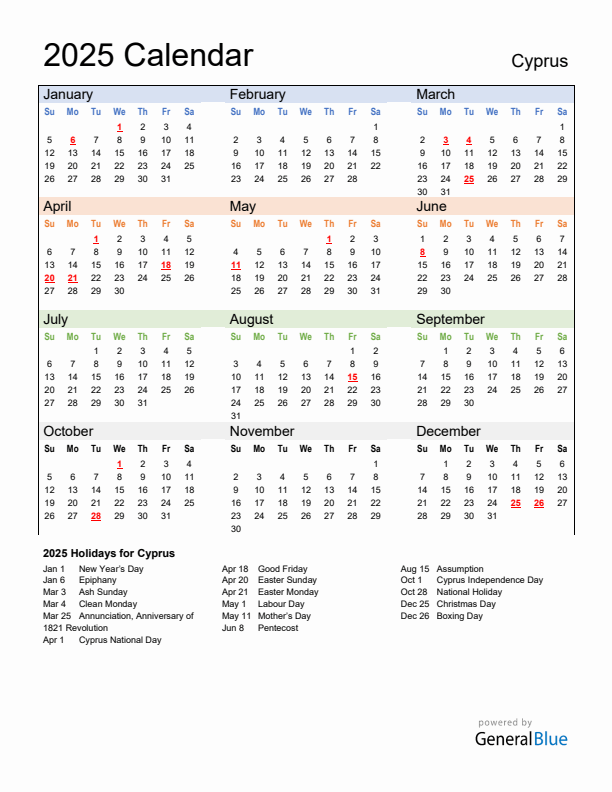 Calendar 2025 with Cyprus Holidays