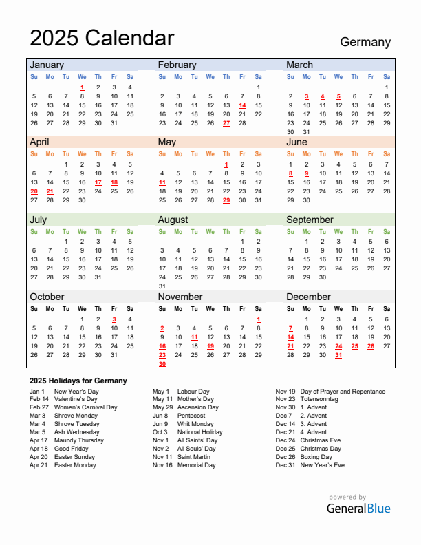 Calendar 2025 with Germany Holidays
