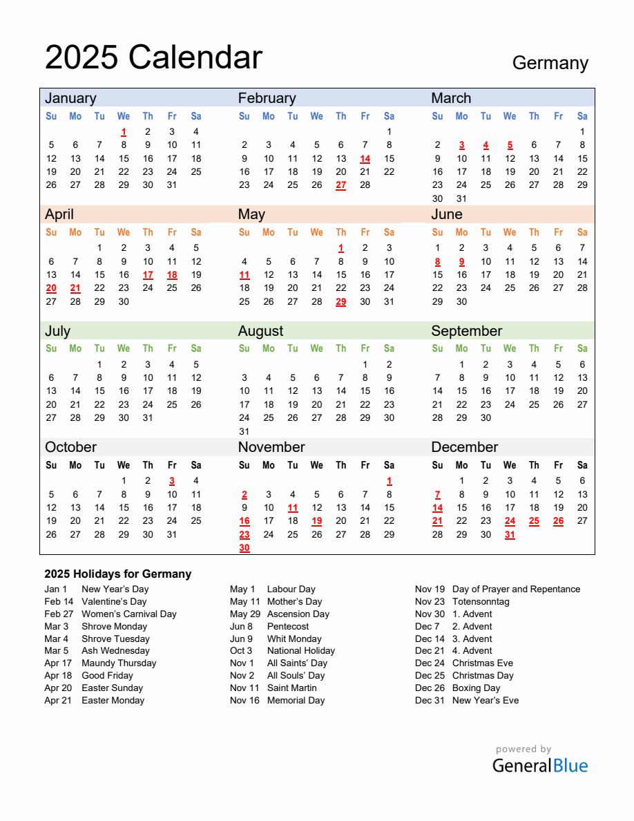 Annual Calendar 2025 with Germany Holidays