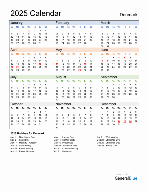 Calendar 2025 with Denmark Holidays