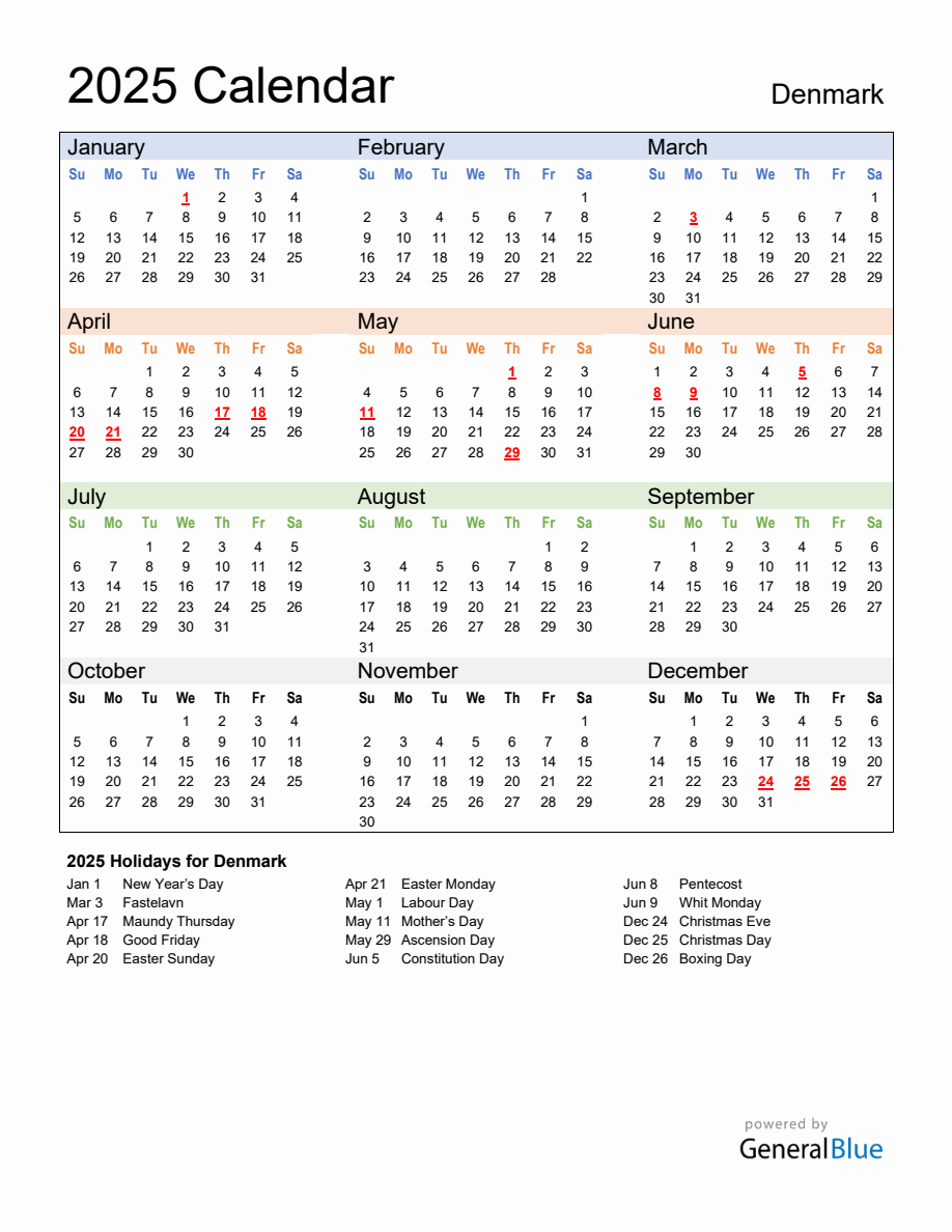 Annual Calendar 2025 with Denmark Holidays