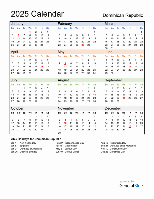 Calendar 2025 with Dominican Republic Holidays