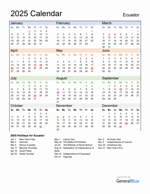 Calendar 2025 with Ecuador Holidays