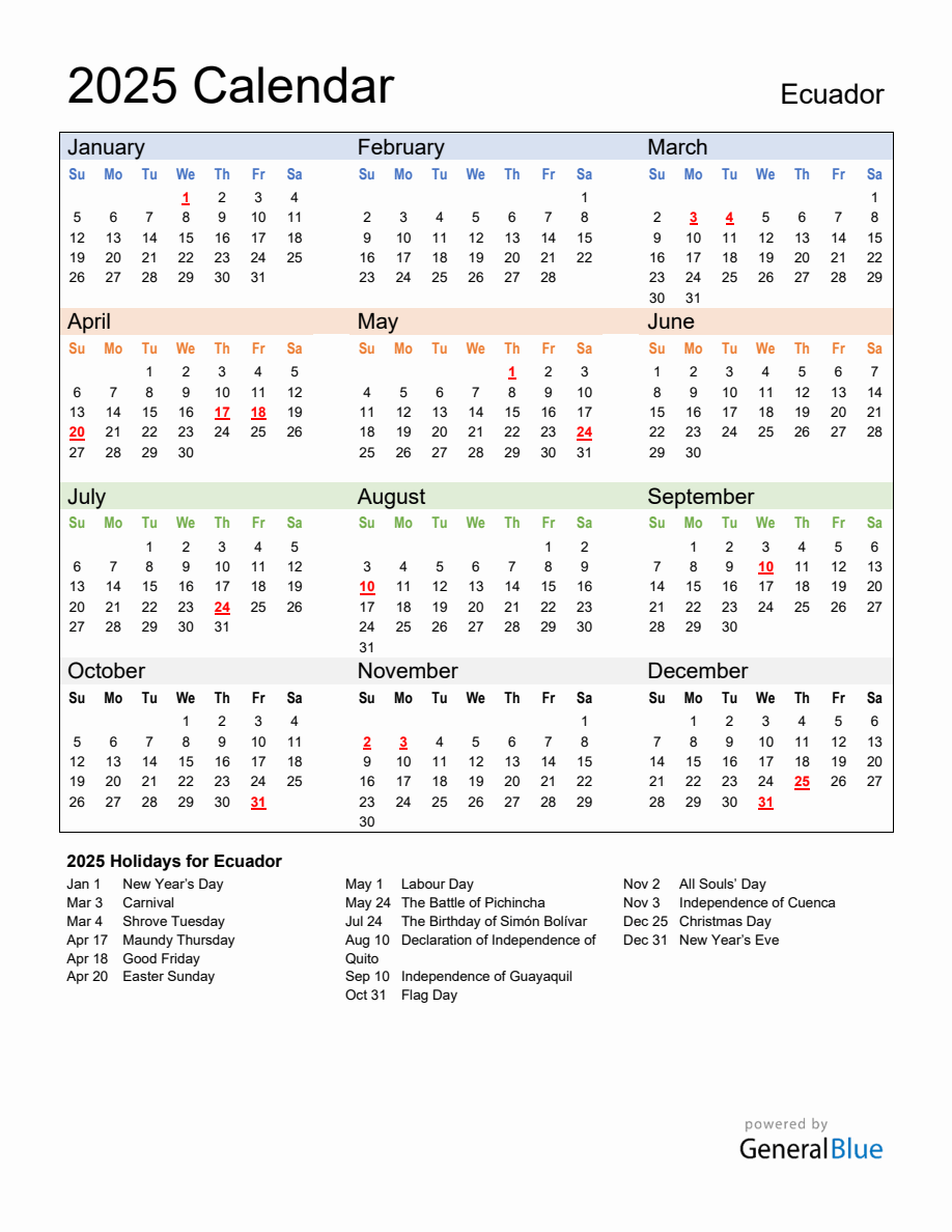 Annual Calendar 2025 with Ecuador Holidays