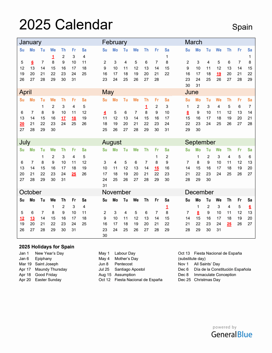 Annual Calendar 2025 with Spain Holidays