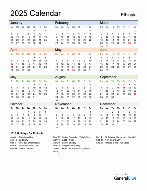 Calendar 2025 with Ethiopia Holidays
