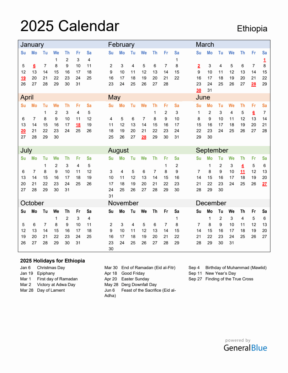 Annual Calendar 2025 with Ethiopia Holidays