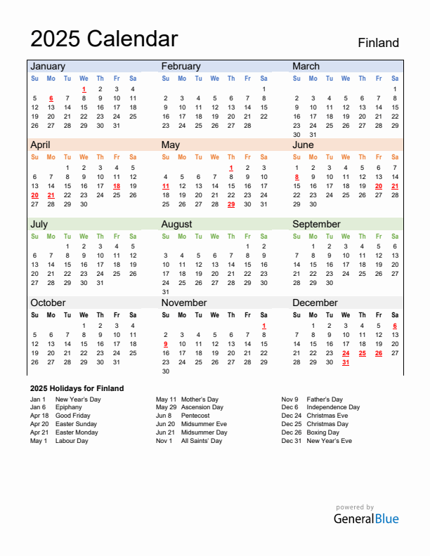Calendar 2025 with Finland Holidays