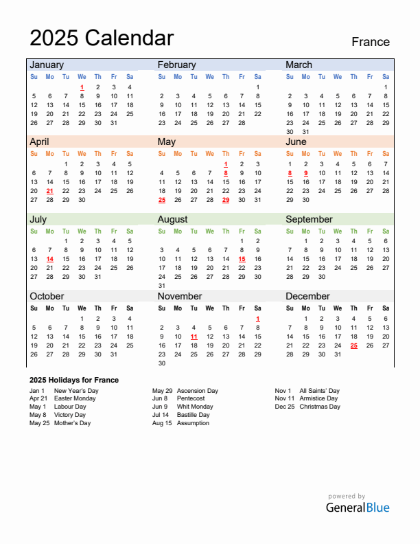 Calendar 2025 with France Holidays
