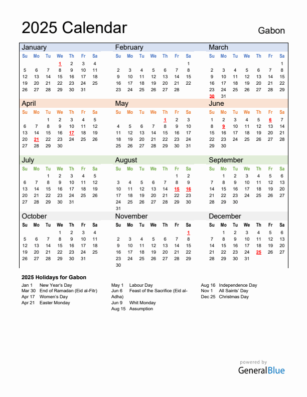 Calendar 2025 with Gabon Holidays