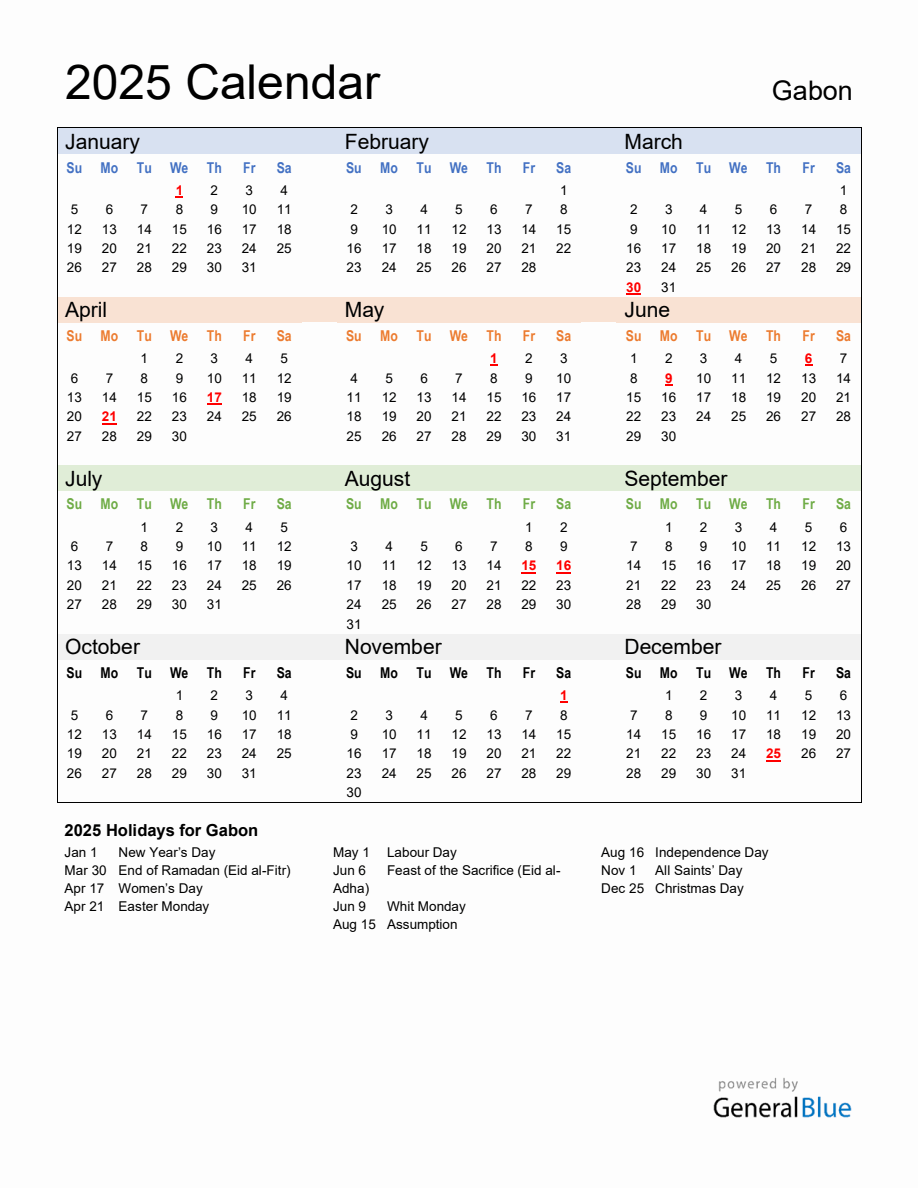 Annual Calendar 2025 with Gabon Holidays