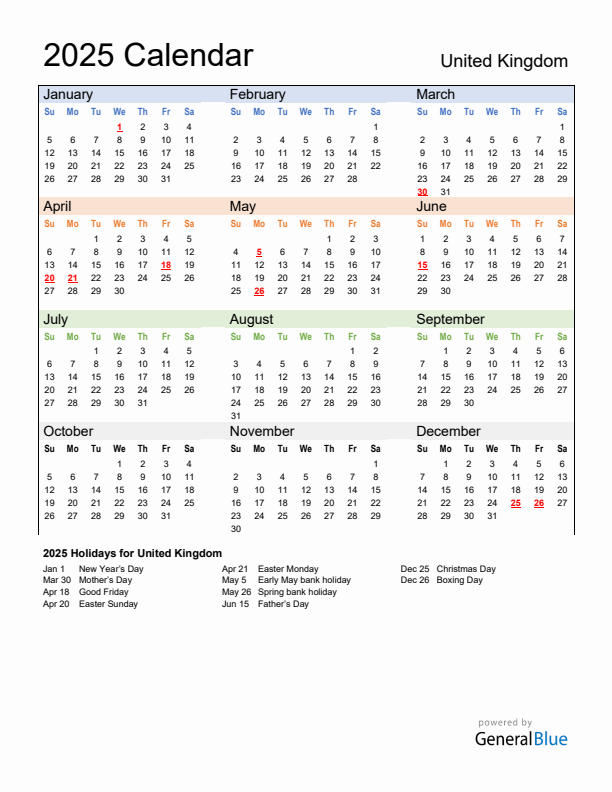 Calendar 2025 with United Kingdom Holidays