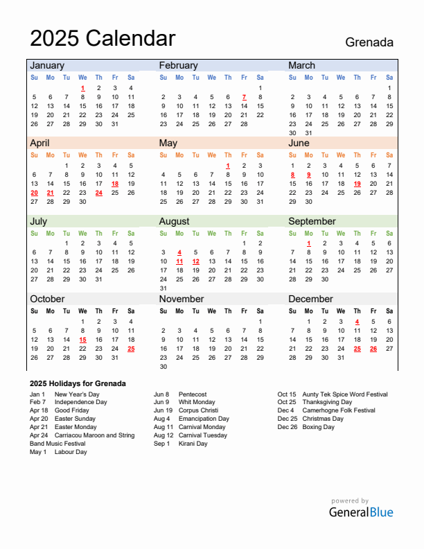 Calendar 2025 with Grenada Holidays