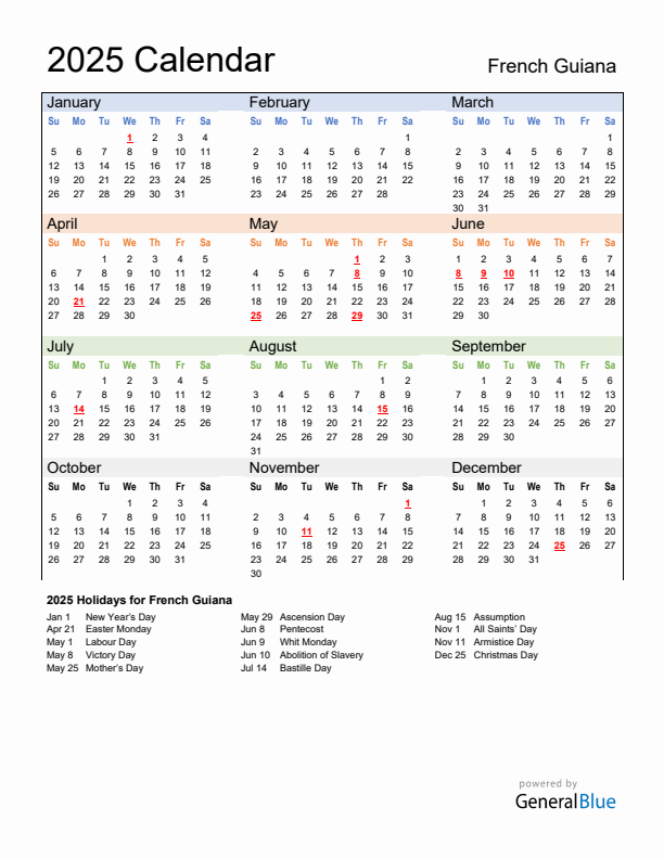 Calendar 2025 with French Guiana Holidays