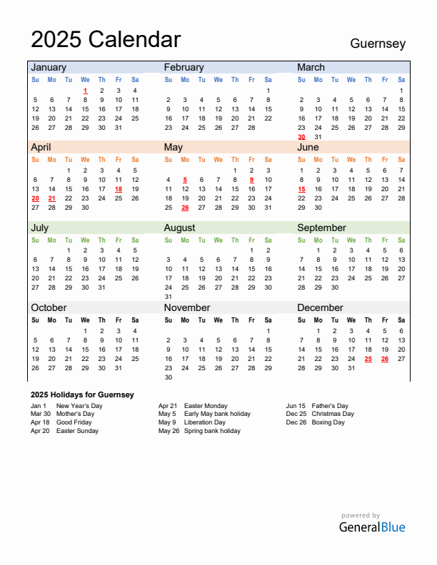 Calendar 2025 with Guernsey Holidays