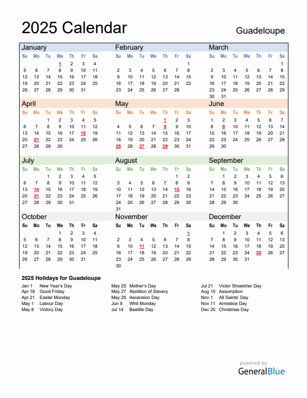 Calendar 2025 with Guadeloupe Holidays