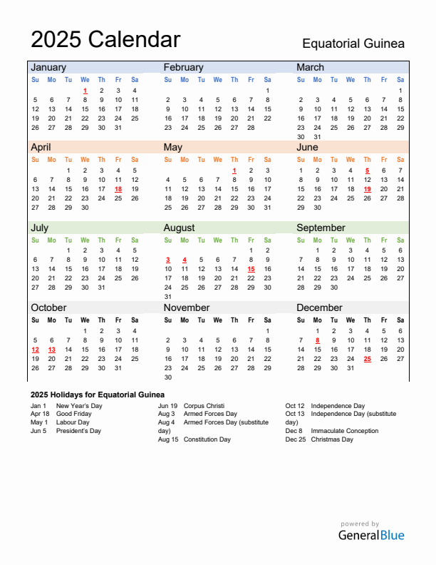 Calendar 2025 with Equatorial Guinea Holidays
