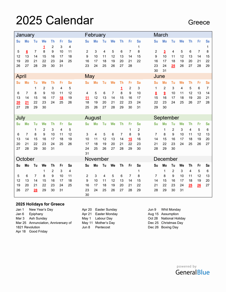 Annual Calendar 2025 with Greece Holidays