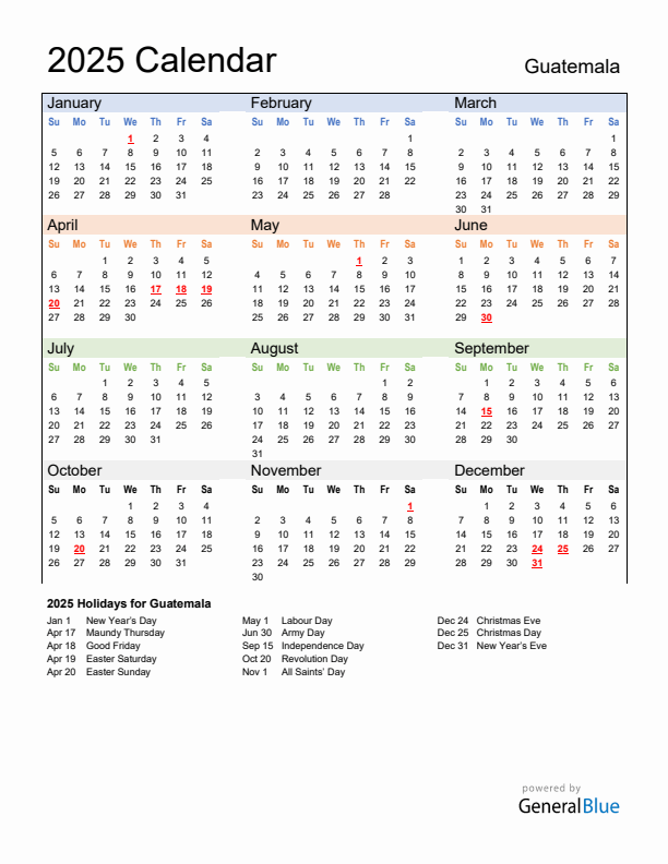Calendar 2025 with Guatemala Holidays
